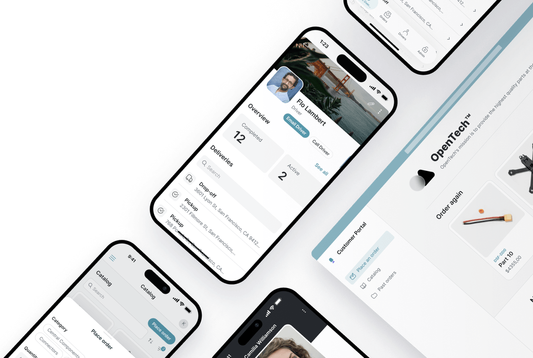 Some mobile and desktop mockups of apps and internal tools for businesses.