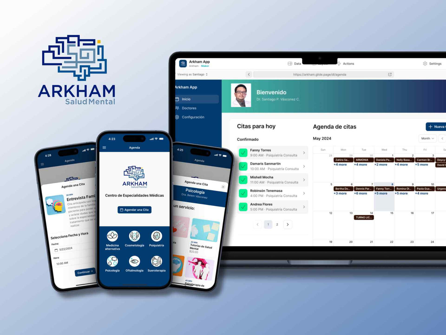 Mobile and Desktop Mockups displaying a Medical Appointment Manager app for medical centers.